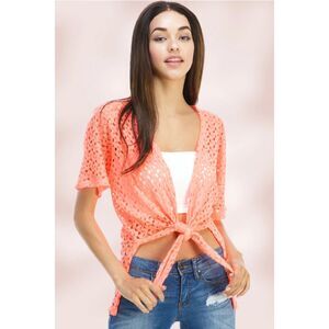 Tie-Front Sheer Crochet Cardigan Shrug in Orange